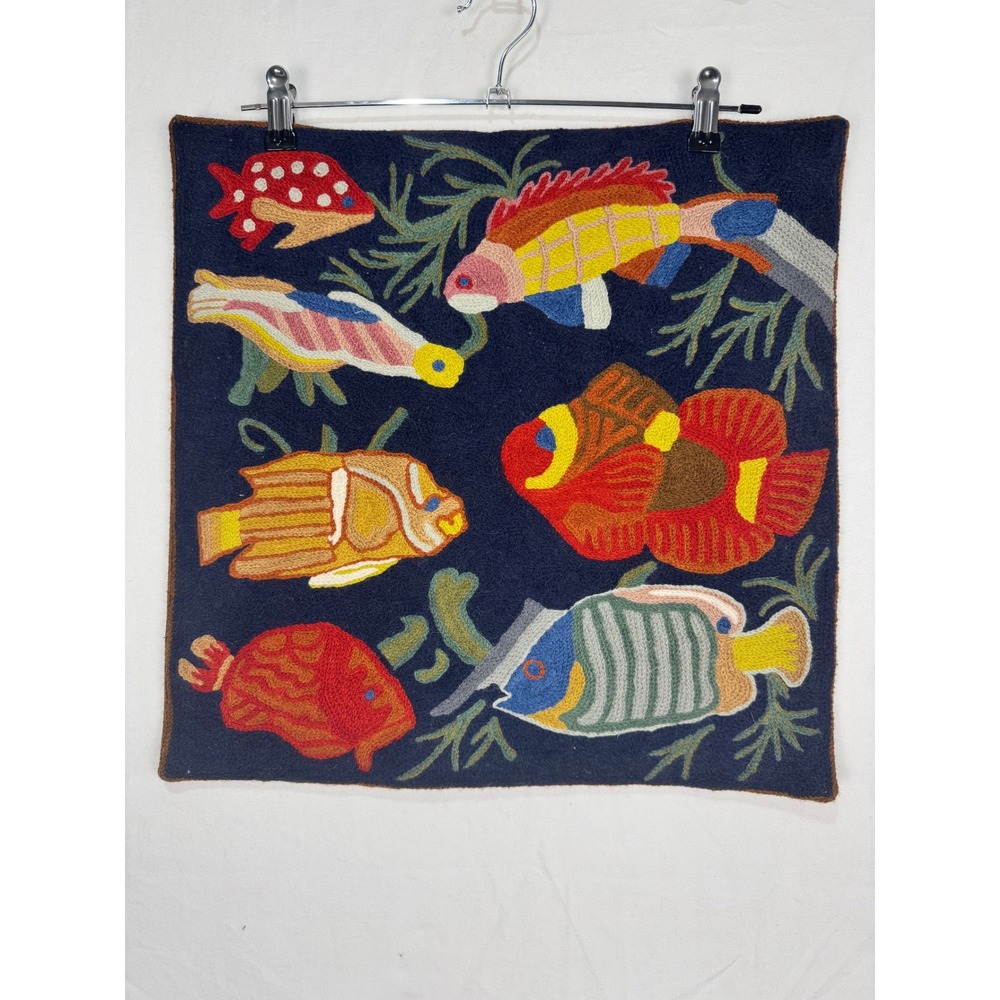 Kashmir Handmade Wool Embroidery Fish Pillow Cover Navy Blue 18x18 Square - Picture 2 of 8